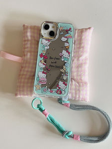 Kitty Cat Green Fresh Mirror Shell for Apple 16 iPhone 15 pro Max New Model 15 pro Anti-Fall Womens Cute 12 with Lanyard 14 pro Full Cover Protective Hard Case