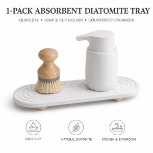 1 Pack Elevated Diatomite Sink Tray With Wooden Feet Fast Drying Stone Absorbent Mat For Kitchen And Bathroom Organization