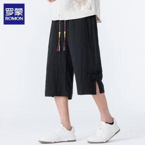 ROMON | Cotton Mens Casual Shorts Breathable Loose Straight Cut New Chinese Style Frog Buttons Lightweight