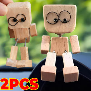 2PCS Funny Swinging Leg Wooden Robot Car Dashboard Ornament Wooden Puppet Desktop Decoration Decompression Car Interior Accessories