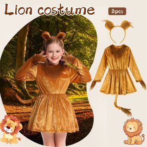 Girls Lion Costume Dress with Ears Headband Tail Kids Animal Halloween Cosplay Outfit 2-14Years