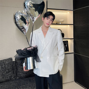 เสื้อสูทแขนยาวผ้าไหมสีขาวสไตล์เกาหลีมือทำดีไซน์ไฮเอนด์สำหรับผู้ชาย ทรงหลวม ทรงปกติ ทรงหลวม ไม่มีซิป