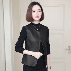 Chinese Style Womens Genuine Leather Vest Outerwear round Neck Sleeveless Hanling Sheepskin Fashionable Versatile Short Coat