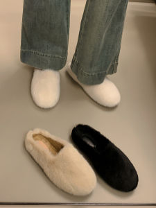 Womens Plush Slippers Indoor Outdoor Wear Flat Bottom Anti-Slip Cotton Shoes Winter Spring Autumn Seasonal Slip-On Shoes