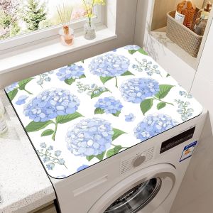 VIKAMA Blue Hydrangea Flower Washer Dryer Covers for Washing Machine Dust Cover Pad Anti-slip Absorbent Protector Mat Home Decor