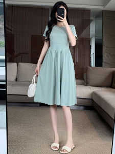 French Style Short Sleeve Dress Women Summer 2025 New Small Size Elegant Waist Cinched Slimming Pleated Midi Skirt Dress