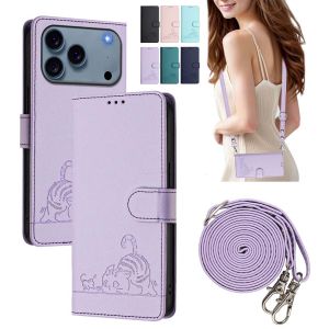 Cute Cat Embossed PU Leather Flip Wallet Case For iPhone 18 Pro Max 17 air 16 plus 15 14 Card Holder Kickstand Shockproof Phone Cover With Removable Crossbody Lanyard