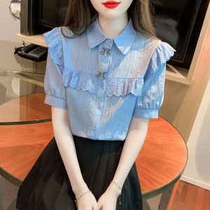 Áo sơ mi tay áo bong bóng lá ren xếp nếp đẹp cổ Áo polo 2023 Áo kiểu xanh dương Mới Mùa Hè