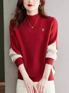 Red Thickened Half High Collar Knitted Sweater Womens Fashionable Commute Style Loose Fit Long Sleeve Winter Base Shirt