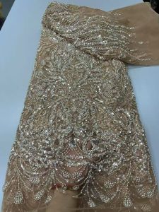 African Lace Fabric 5 Yards High Quality 2026 Luxury Fabric For Dress 5 Yards With Beads Nigerian Lace Gold wedding Dress M258-1