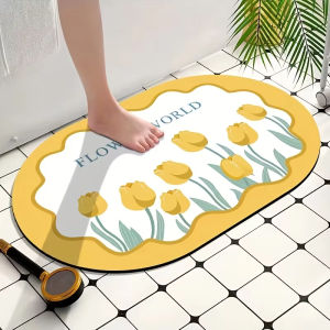 Thảm Trải Sàn Hình Bầu Dục VIKAMA Họa Tiết Hoa Tulip Thảm Phòng Tắm Chống Trượt Thấm Nước Thiết Kế Kilim Bằng Vải Polyester Có Thể Giặt Bằng Máy Để Sử Dụng Trong Nhà
