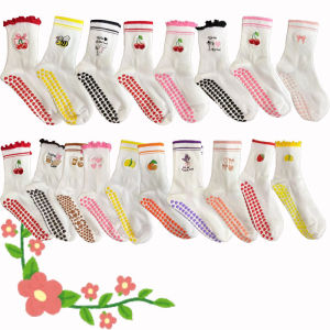 European size 36-43 2 Pairs Knitted Embroidered Yoga Fitness Pilates Sports Silicone Non slip Bottom Womens Middle Socks
