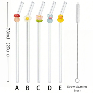 1/5Pcs Animal Glass StrawsMushroom/rabbit/duck designs. For boba coffee & cocktails. Perfect gift for parties & holidays.