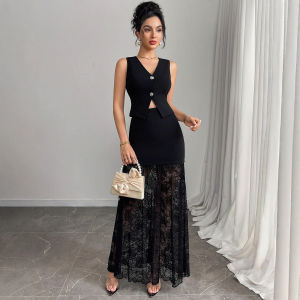 แฟชั่นแขนกุดด้านบนลูกไม้เย็บกระโปรงชุดผู้หญิงเสื้อกั๊กใหม่กับกระโปรงลูกไม้เย็บสองชิ้น