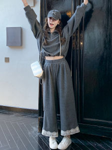 Grey Korean Style Casual Sportswear Set Womens Lace Patchwork Wide Leg Pants Two Piece Suit Spring 2025 Design Sensation