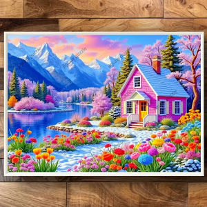 2000/1200/1000/500pcs Paper Jigsaw Puzzle for Adults - Vibrant Pink House Lake Mountain Floral Scene Premium Paper Challengin