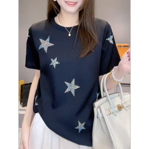 QINGNAER | Korean Style Heavy Embroidered Star Round Neck Short Sleeve T-Shirt
