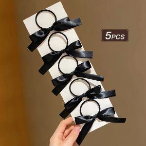 5 pieces of black cute bow-decorated hair ties for girls | Ideal for everyday casual use and as a festive gift accessory.
