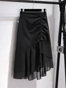 Asymmetrical Hem Midi Skirt Women Summer 2024 Design Sensation High Waist Fish Tail Skirt with Pleats And Lace Trim A-Line Skirt