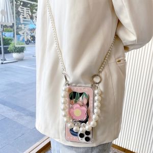 Mirror Huawei Mate50/P40 Phone Case Honor 60 Womens Vivox90 with Pearl Opporeno9/8 Lanyard Xiaomi Redmi K60 Silicone OnePlus Ace Cover Samsung Crossbody