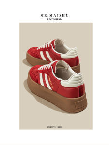 Red Genuine Leather Retro Deqin Shoes Womens Autumn Lightweight Sneakers Sports Casual Thick Bottom Heightening Womens Shoes