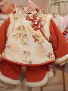 Thickened Fleece Winter Cheongsam Childrens Clothing Set for Girls Celebratory New Year Outfit Toddler Birthday Party Dress