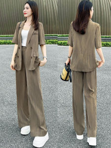 Fashionable Short Sleeve Silk Two-Piece Suit Set for Women Summer 2024 V-Neck Button-Closure Polyester Fiber Long Pants