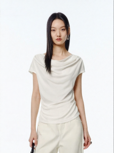 PEACEBIRD | Collar Swing Acetate Short Sleeve T-Shirt