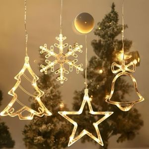 Magical Christmas Window Curtain LightsChristmas Decorations with Snowflakes Santa Star Christmas Tree Reindeer Bells