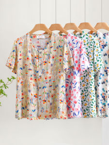 Lightweight Short Sleeve Silk Sleepwear for Women Summer Casual Loose Fit Elderly Artificial Cotton Top Button Decorated Home Clothes