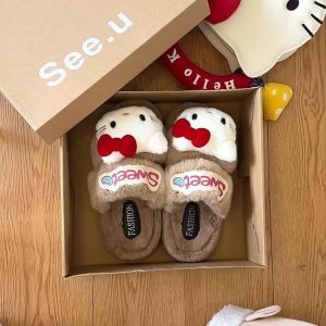 Kitty Cat Plush Slippers Cute Girls Slip-On Thick Heel Anti-Slip Warmth Outerwear Autumn New Style Casual Scenarios
