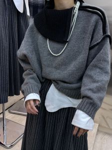 BINKAFENNY | Womens High Neck Knitted Cashmere Sweater Zipper Design Loose Fit Early Autumn Fashionable Asymmetrical Premium Feeling Top