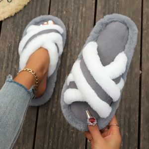 2026 New Furry Slippers Home Womens Fluffy Slides Autumn Winter Indoor Fashion EVA Light Cross Flip Flops Soft Flat Shoes Woman