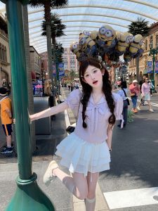 Chil Sung Pure Cotton Shirt Navy Collar Half-length Skirt Gently Coordinated Set Soft Lace Trim Casual Fashion Ensemble