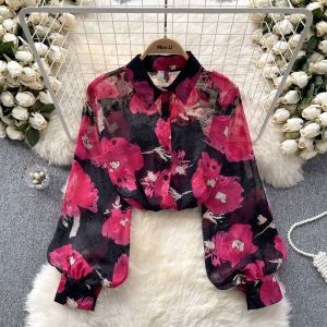 French Style Romantic Floral Long Sleeve Womens Shirt Summer Lantern Sleeve High-End Feeling Casual Elegant Top Design