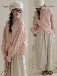 Artistic Style Long Sleeve Shirt Womens Loose Fit Lantern Sleeve Cotton Linen Blend Floral Lace Hemline Slimming Design Shirt