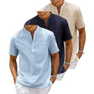 king billion | 3PCS Mens Summer Cotton Linen T-shirt with Pocket Casual Solid Color Short Sleeve Henley Neck Classic Breathable Tops