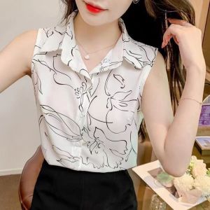 Floral Print Loose Fit Sleeveless Womens Chiffon Shirt Summer New Design Style Versatile Slimming Korean Version Thin Polyester
