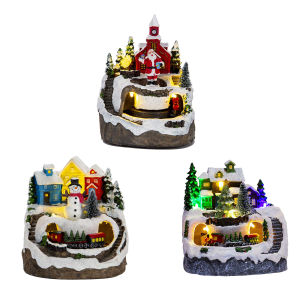 【HRFS】 Resin Collectible Figurines Light Up Musical Christmas Village Figurines Village Rotating Statue Xmas Gift