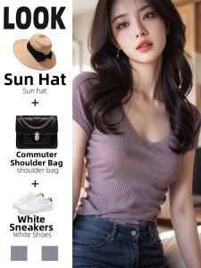 Slim Fit Purple U Neck Rib Knit Tee Short Sleeve Women