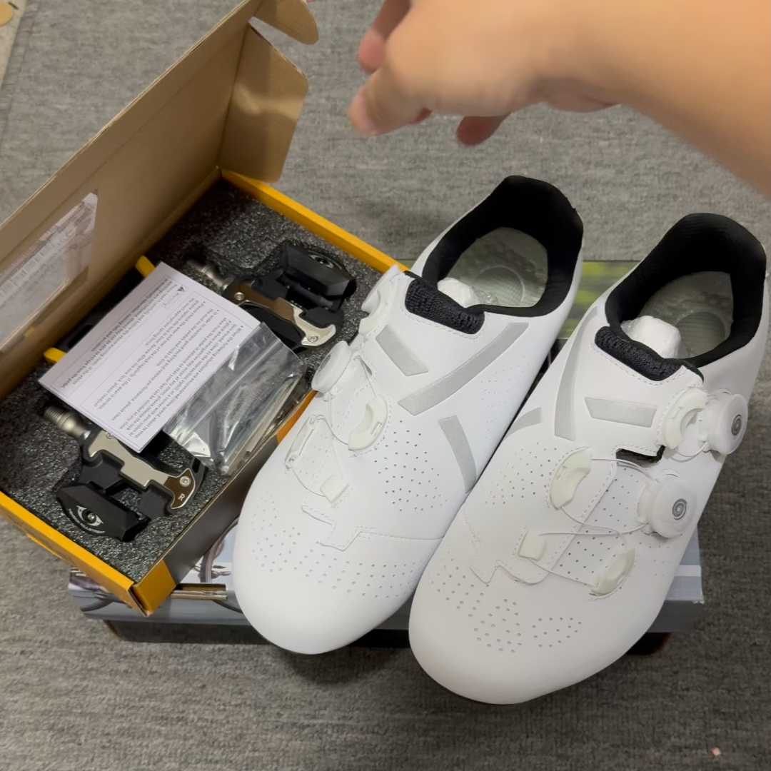 SHMANIRO Professional Mens White Cycling Shoes Sets Breathable Road Bike RB MTB Cleat Shoes