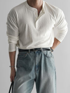DAVID&ME | Henry Collar Striped Long Sleeve T-shirt Retro Style