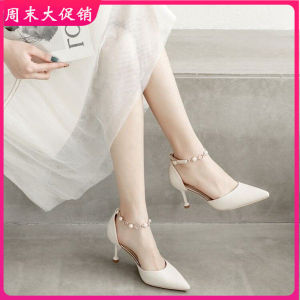 White High Heels Womens Buckle Sandals Thin Heel Pointed Toe Spring Summer New Chain Casual Fashion Single Shoes for Women
