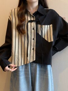 New Chinese Style Striped Shirt Women Early Autumn plus Size Conceal Belly Button up Top Slimming Unique Personality