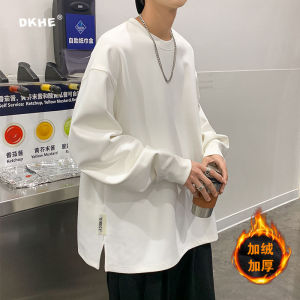 Áo Thun Nam Tay Dài Mùa Thu Đông Thường Ngày Rộng Rãi Cỡ Lớn Có Lót Lông Cừu Thoải Mái Cổ Tròn Màu Trơn