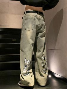 American Style Mens Wide Leg Straight Cut Jeans Trendy Handsome Spring Autumn Loose Fit Denim Pants Casual High Street Vibe