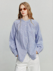 Toyouth | Áo Blouse Họa Tiết Caro Cổ Tròn Thiết Kế Rộng Tay Dài Xòe Màu Xanh