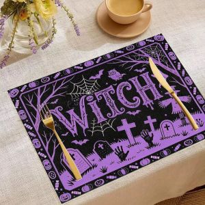 VIKAMA 2/4/6pcs Halloween Placemats Witch Goblins Ghost Pumpkins Bats Tombstones Spiders Dining Table Mats Party Decoration