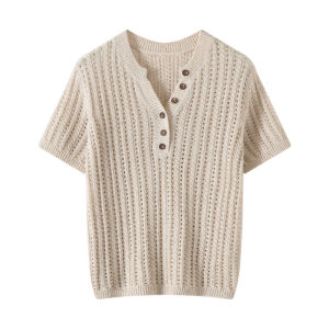 SHEHAN | Retro Elegance V-Neck Button Hollow Lace-up T-shirt