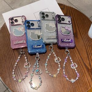 Sanrio | Gradient Glitter Mirror Phone Case For iPhone 17 16 15 Pro Max Plus Air 14 13 12 11 X Bling Beaded Wrist Chain Shockproof Cover